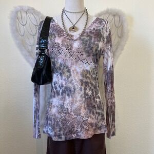 Sparkly Bling Long Sleeve VNeck Rhinestone Embellished Top Boho Fairy Grunge Y2K